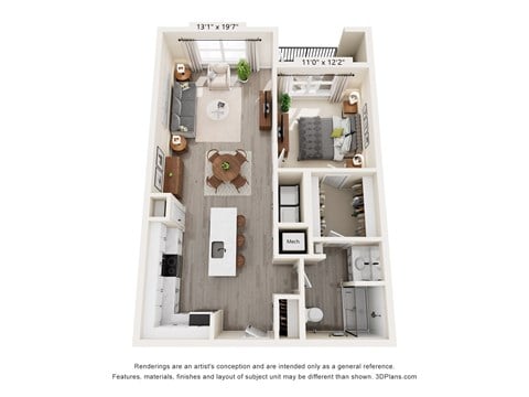 Floor plan for 1 bed, 1 bath, 763 sqft